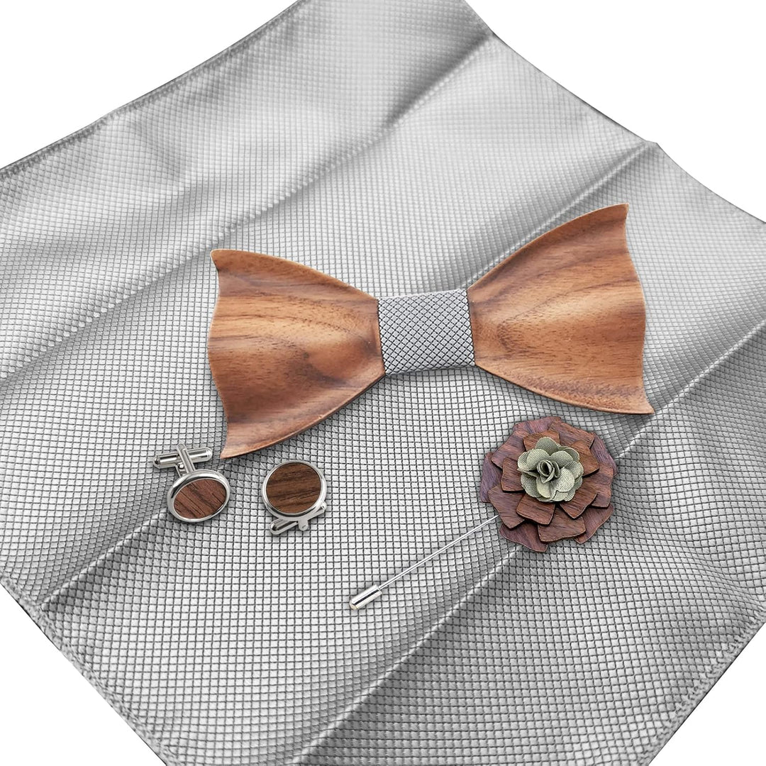 Mr.Van Holzfliege Klassische Set Fliege Herren,Holzfliege, Holz Manschettenknöpfe, Holzbrosche, Eins