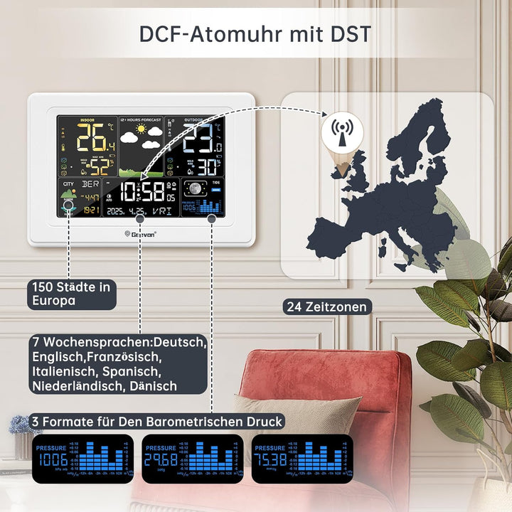 Geevon Wetterstation mit DCF Funkaussensensor, Farb VA Display, Wettervorhersage und Komfortanzeige,