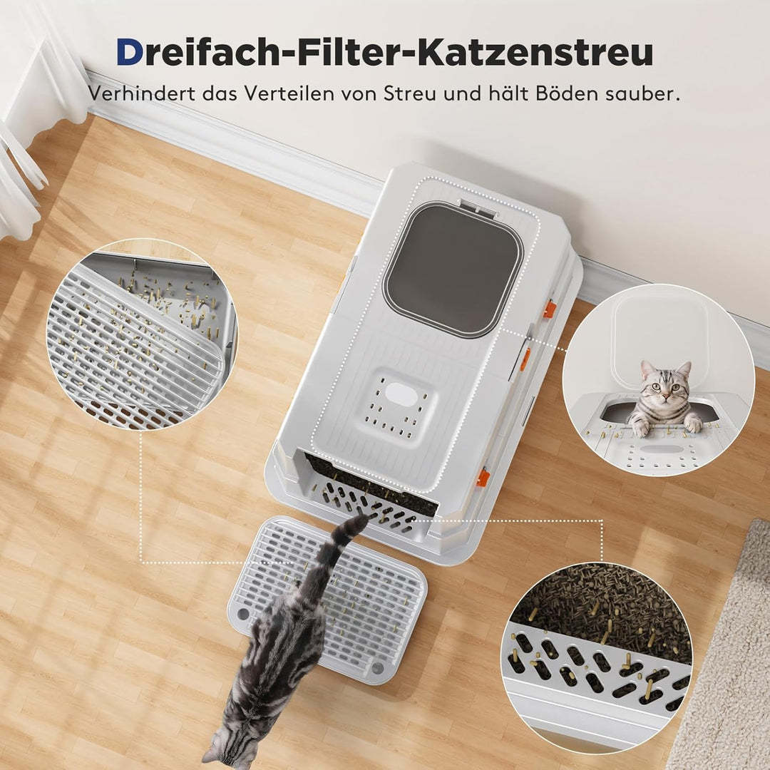 MIXJOY Edelstahl Katzenklo XXL mit Deckel, Katzentoilette Edelstahl Zwei-Tür-Konfiguration, Geschlos