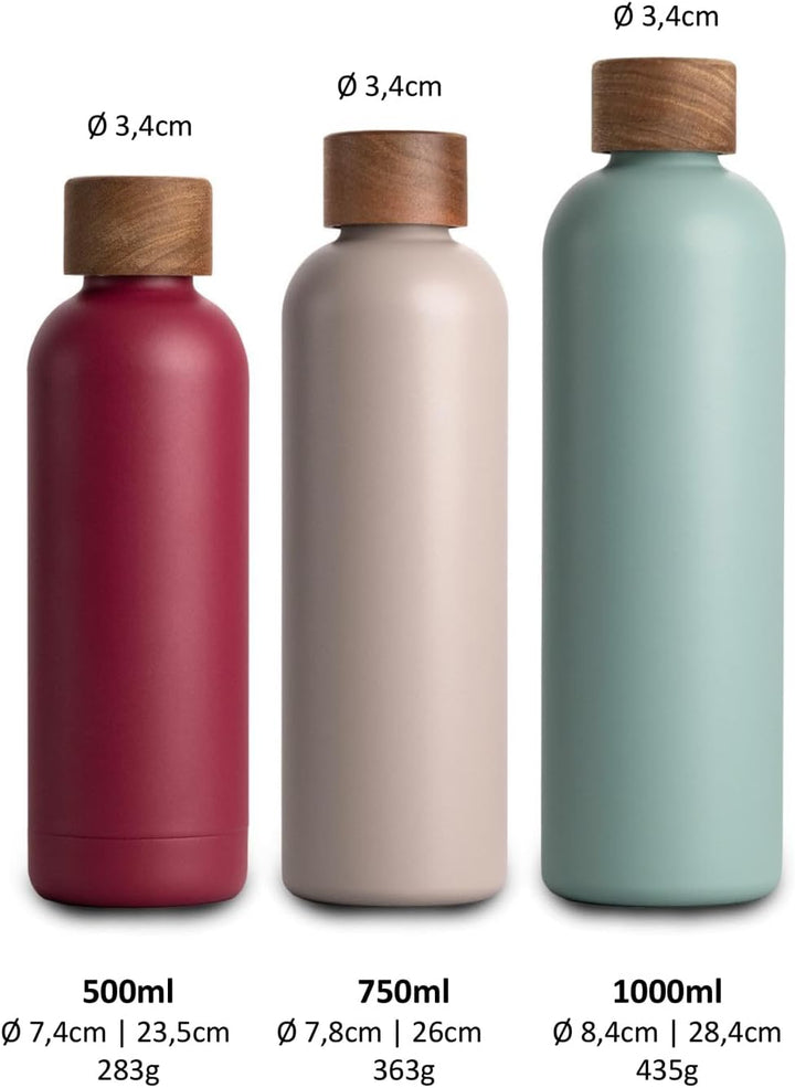 T&N Edelstahl Trinkflasche 1 Liter, Thermosflasche 1l mit Akazienholz Deckel, Isolierte Wasserflasch