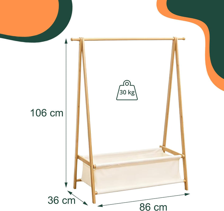 Relaxdays Kleiderständer Kinder, Bambus, HxBxT 106 x 86 x 36 cm, Stoffkorb, Kleiderstange, Kindergar