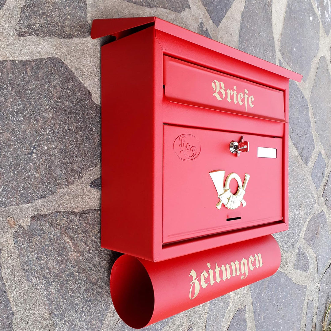 Grosser Briefkasten/Postkasten XXL Rot matt mit Abnehmbarer Zeitungsrolle Flachdach Katalogeinwurf Z