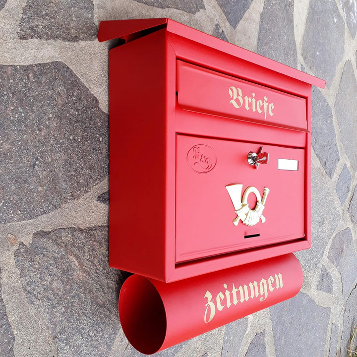 Grosser Briefkasten/Postkasten XXL Rot matt mit Abnehmbarer Zeitungsrolle Flachdach Katalogeinwurf Z