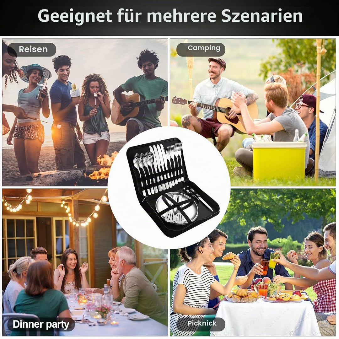 Campingbesteck Set für 4 Personen - Tragbares Edelstahl Outdoor Geschirr Set für Camping, Picknick u