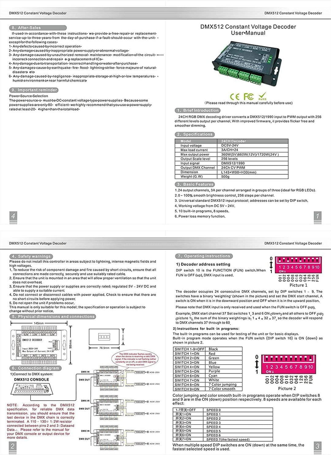 High Power 24 Channel RGB 3A/CH DMX512 Controller Led Decoder Dimmer 500Hz Flicker Free Smoother Dim