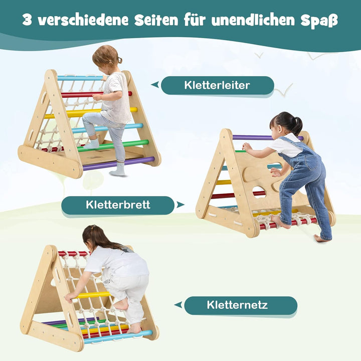 DREAMADE 4 IN 1 Kletterdreieck mit Rutsche und Kletternetz, Holzdreieck Kletterspielzeug aus Holz, I