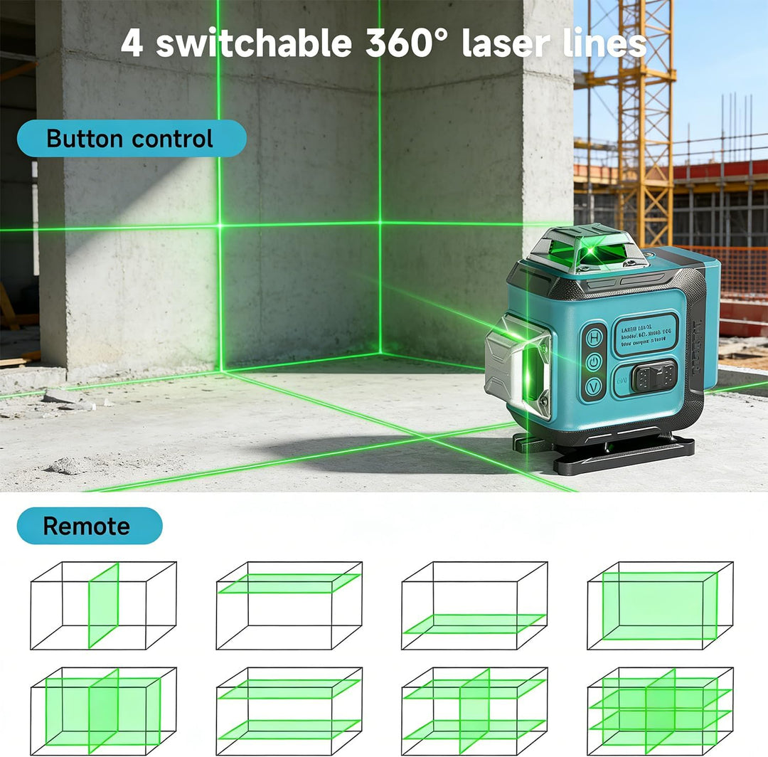 KARZU 16 Linien Kreuzlinienlaser Grün 4x360° – Ultra-stabiles Profi-Gehäuse, Selbstnivellierend, 2x