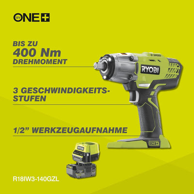 RYOBI 18 V ONE+ Akku-Schlagschrauber R18IW3-140GZL (max. Drehmoment 400 Nm, 1/2 Zoll Vierkant-Aufnah