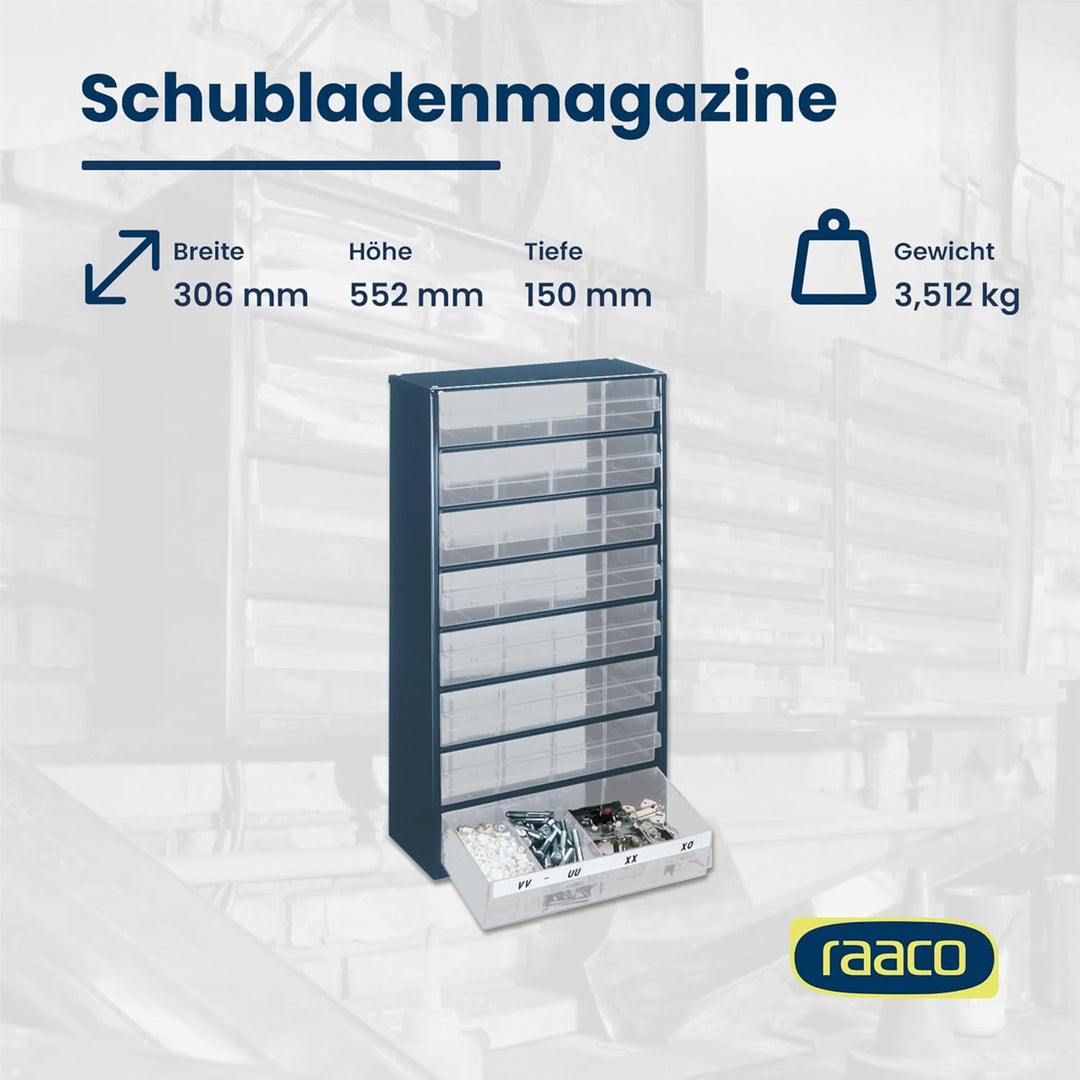 raaco Kleinteilemagazin C12-8 mit 8 Schubladen, Tragkraft 29.7 kg, 15 x 30.6 x 55.2 cm, geeignet für