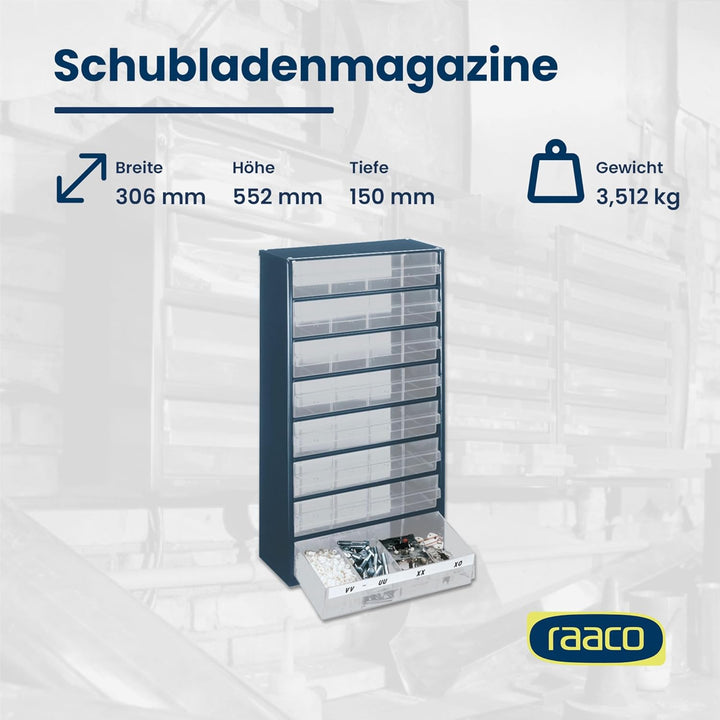 raaco Kleinteilemagazin C12-8 mit 8 Schubladen, Tragkraft 29.7 kg, 15 x 30.6 x 55.2 cm, geeignet für