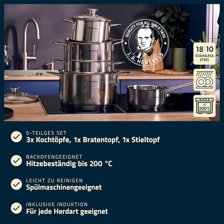 HENCKELS by ZWILLING Reflection Kochtopfset 5-teilig, Glasdeckel, Edelstahl, Alle Herdarten, Indukti