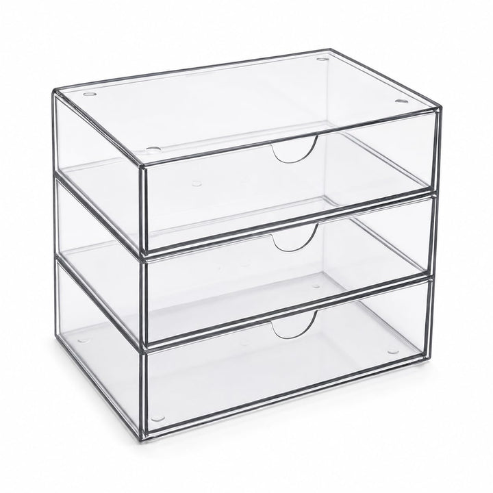 Schubladen Organizer Transparent, 3 Fächer Aufbewahrungsbox Stapelbar, Acryl Optik Schreibtisch Orga
