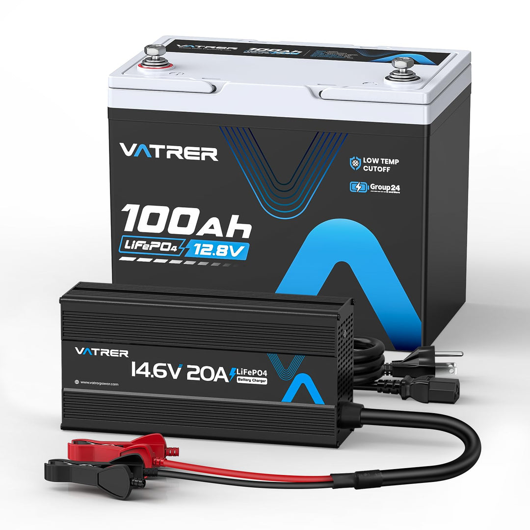 12V 100AH Gruppe 24 LiFePO4 Lithiumbatterie mit 100A BMS, 4000–15000 Ladezyklen, inklusive 14,6V 20A