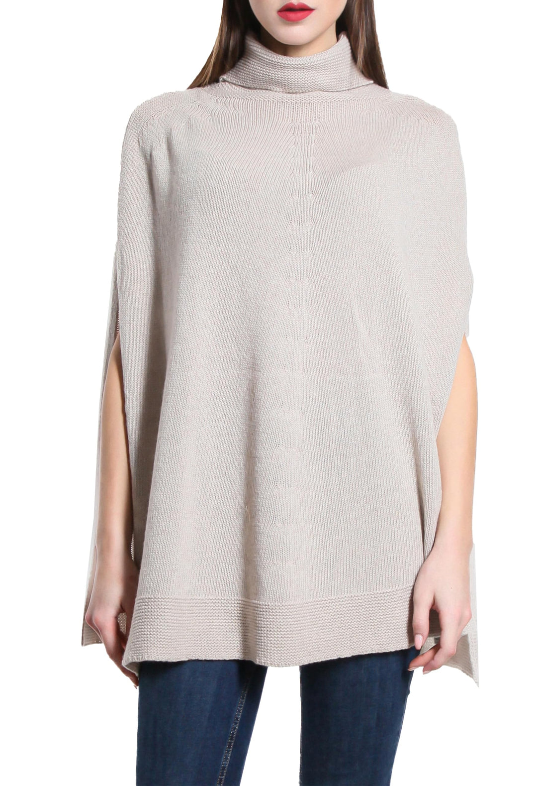 Damen Strickponcho Flechtmuster Rundhals Weich Herbst (Code 5348) Einheitsgrösse 8840 Beige, Einheit