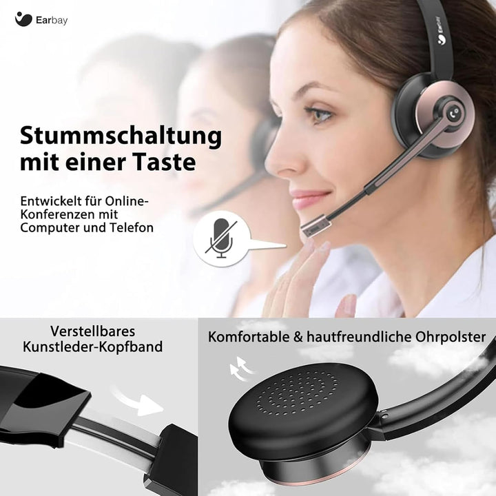 Earbay Kabelloses Headset, Bluetooth-Headset mit Mikrofon und Rauschunterdrückung &amp; USB-Dongle, Kabe