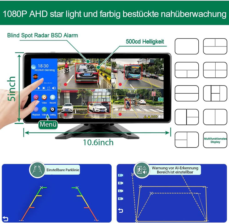 4K RV Rückfahrkamera System, GreenAuto 10,36 Zoll-4-Splits-Touchscreen Smart Blind Spot Radar BSD Al