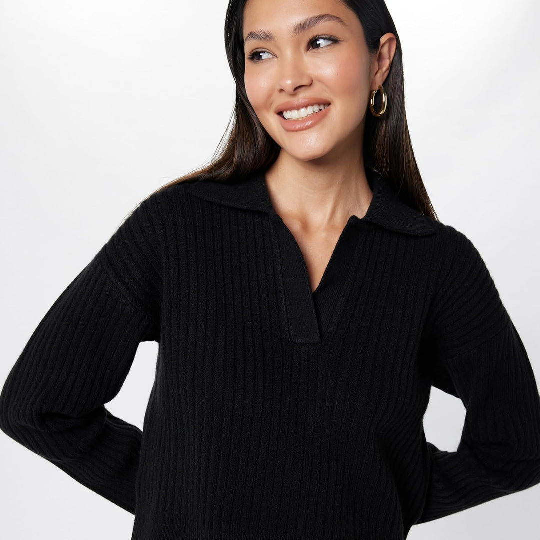 The Drop Damen Marcy Geripptes Polotop Pullover Sweater (1er Pack) M Schwarz, M Schwarz