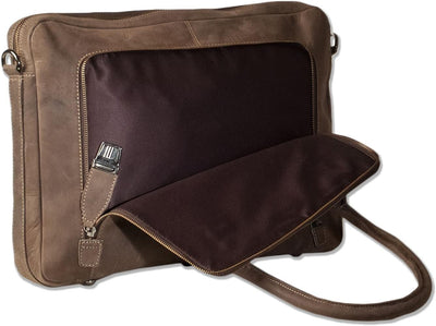 Woodland Laptoptasche/Aktentasche aus naturbelassenem, weichem Büffelleder in Dunkelbraun/Taupe