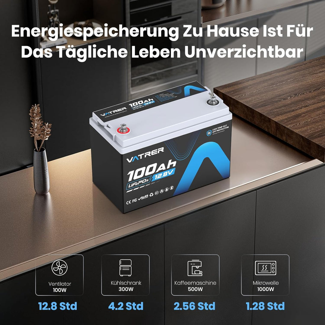 VATRER POWER LiFePO4 12V 100AH Low Temp Cut-Off Lithium Batterie mit 100A BMS 5000+ Tiefzyklus Lithi