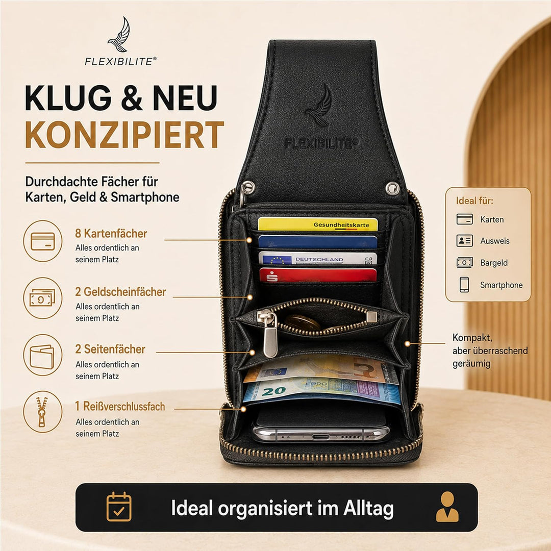 FLEXIBILITE® Handytasche zum Umhängen aus echtem Leder I EXTRA leicht 220 g mit RFID I Handy Portemo