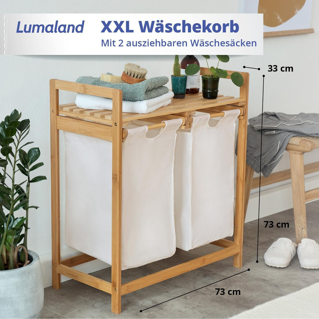 Lumaland Wäschekorb aus Bambus, mit 2 ausziehbaren Wäschesäcken, ca. 73 x 64 x 33 cm