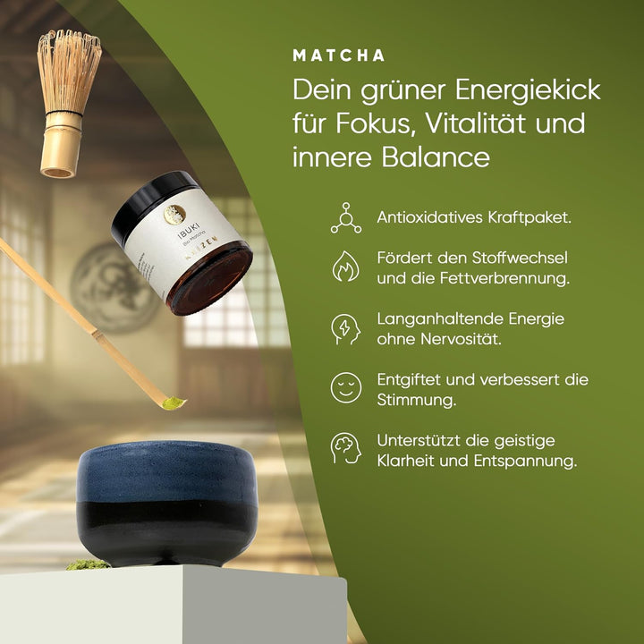 Kaizen® Ibuki Matcha Set - erlesener Premium Bio Matcha-Tee, handgefertigte Chawan-Teeschale, Besen