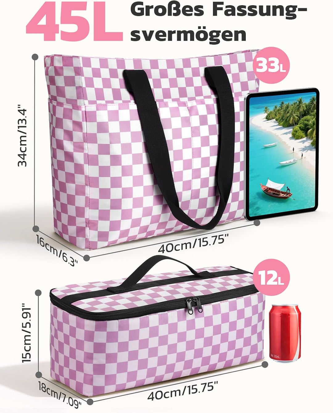 ISEYOU Strandtasche XXL Familie mit Kühltasche, Gross Strandtasche mit Reissverschluss Wasserdicht S