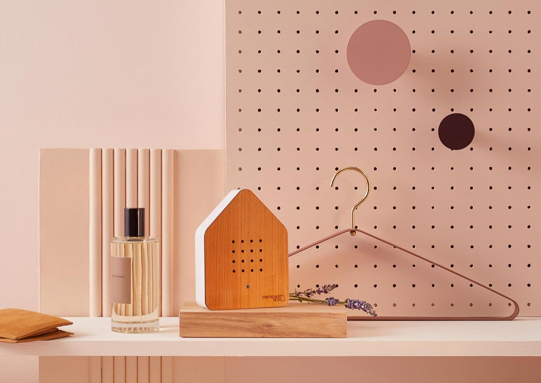 RELAXOUND ORIGINAL Zwitscherbox "Cherry" – Moderne Vogelgezwitscher Box mit Vollholzfront – Entspann