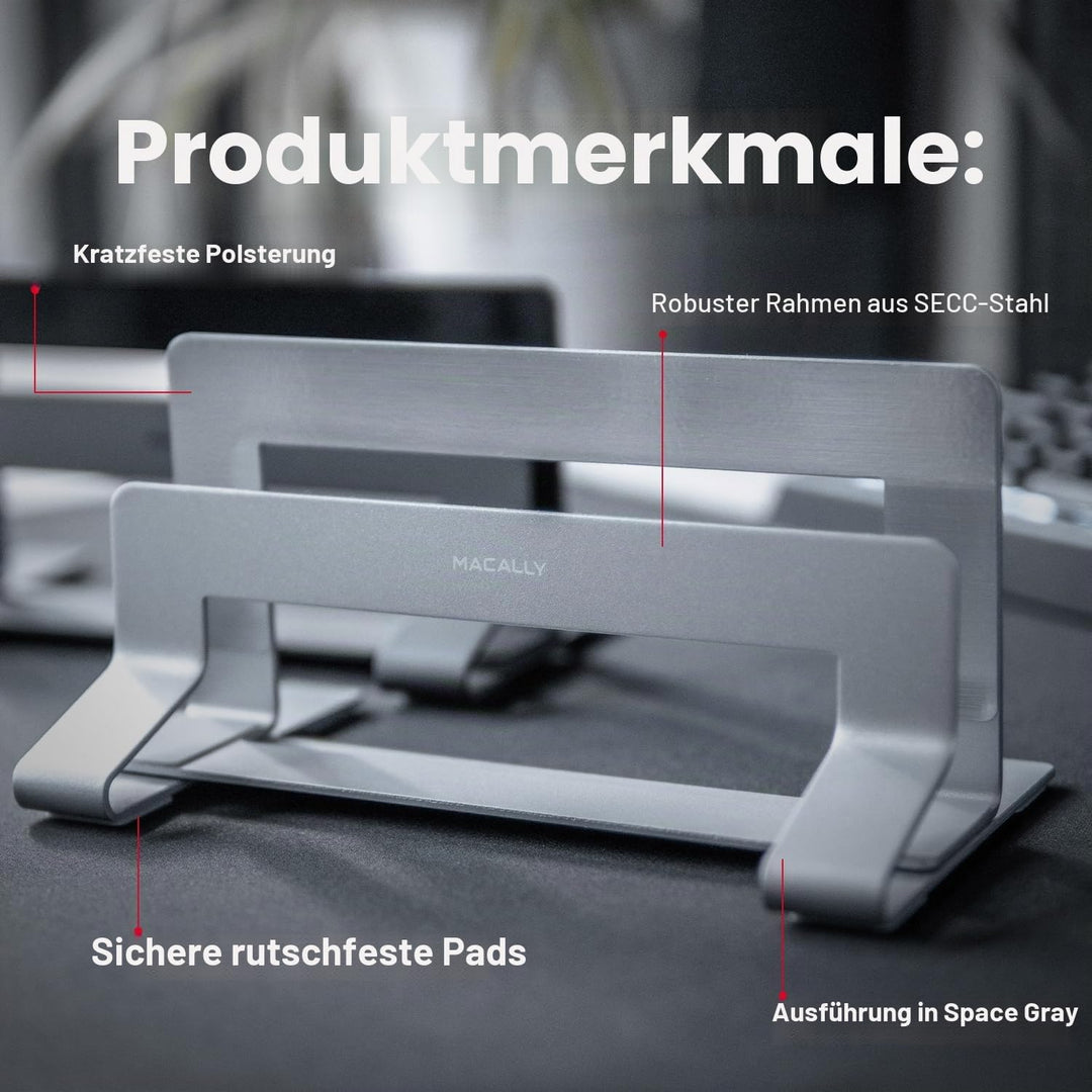 Macally Vertikaler Laptop-Ständer für den Schreibtisch, Laptop-Halterung vertikal, MacBook-Ständer (