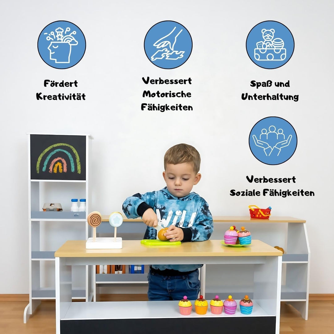 Coemo Spielküche Kaufladen Ida, grau, 4er Set mit Spülbecken, grosse Kinderküche, Kaufmannsladen für
