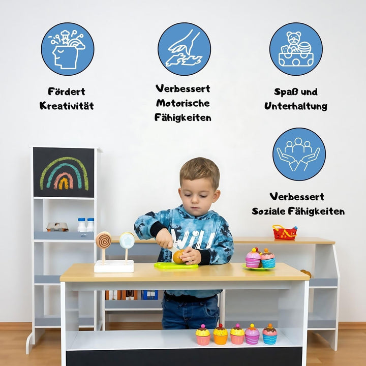 Coemo Spielküche Kaufladen Ida, grau, 4er Set mit Spülbecken, grosse Kinderküche, Kaufmannsladen für