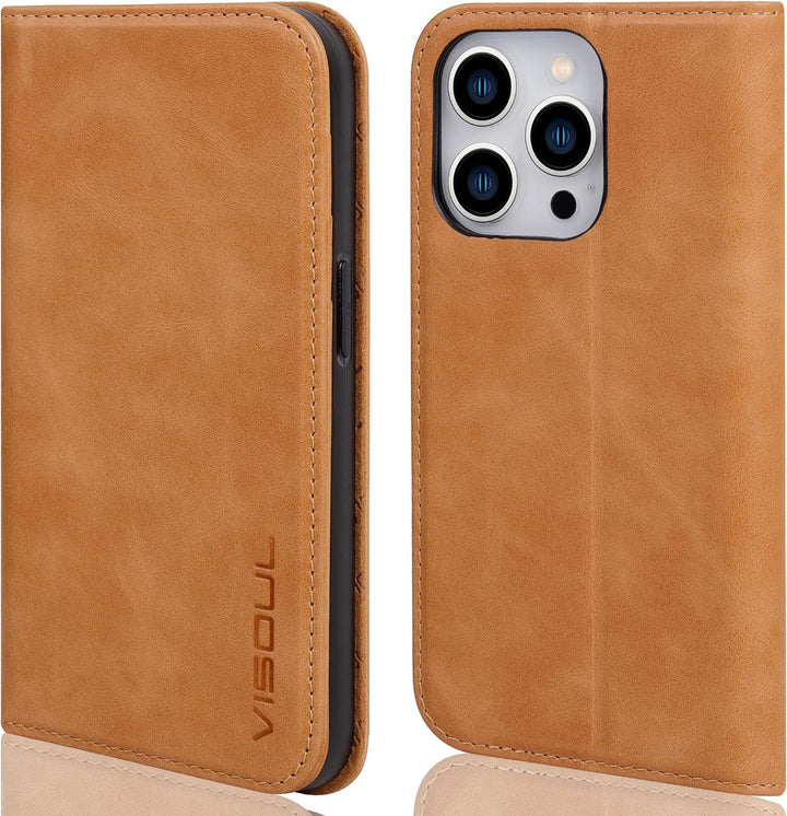 VISOUL Hülle für iPhone 14 Pro Max Handyhülle [Echtleder] [Kartenfach] [Magnet] [Standfunktion] Schu