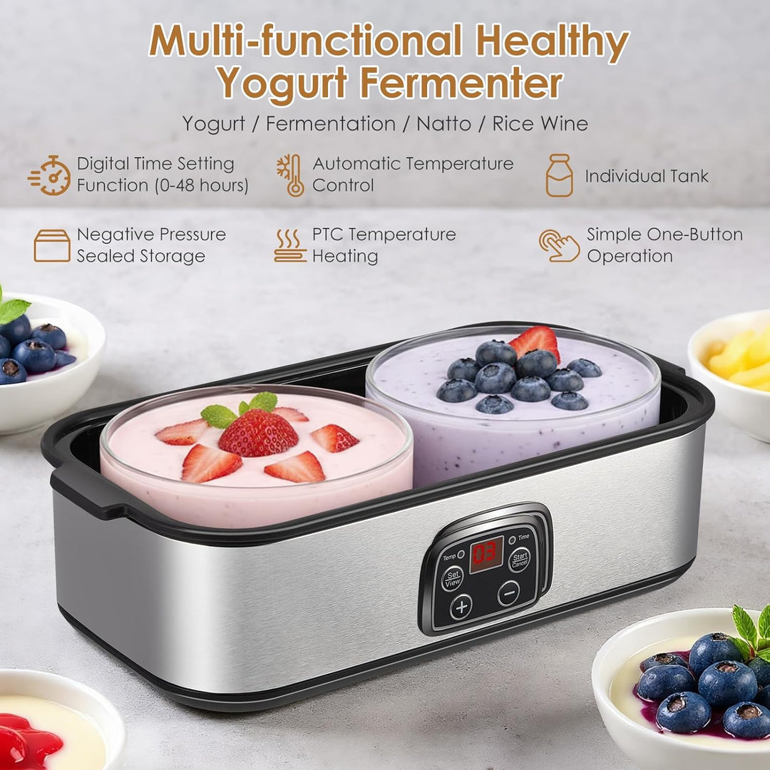 Joghurtbereiter 2L, Yoghurt Maker mit LED Display &amp; 2x 1000ml Glasbehältern, Joghurt Maker Machine m