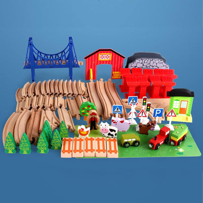 Jacootoys 80 Teile Holzeisenbahn Set Eisenbahn aus Holz Zug Spielzeug kombinierbar Spielzeugeisenbah