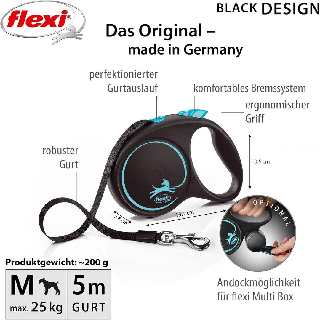 flexi® Black Design M Gurt 5 m schwarz/blau, Roll-Leine für Hunde bis 25 kg M: 5m (max. 25kg), M: 5m