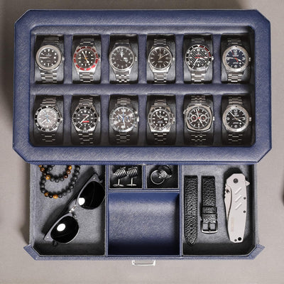 ROTHWELL 12 Slot Leather Watch Box with Valet Drawer - 12 Slot Luxury Watch Case Display Organizer,