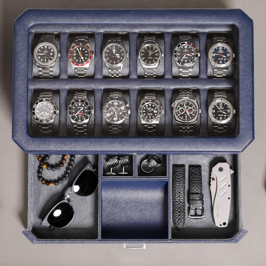 ROTHWELL 12 Slot Leather Watch Box with Valet Drawer - 12 Slot Luxury Watch Case Display Organizer,