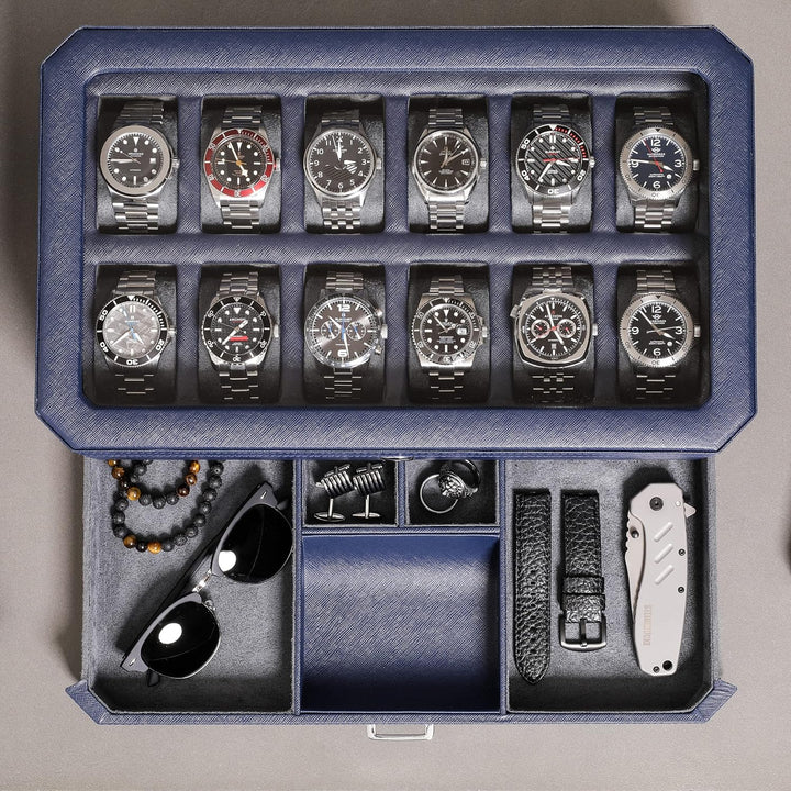 ROTHWELL 12 Slot Leather Watch Box with Valet Drawer - 12 Slot Luxury Watch Case Display Organizer,