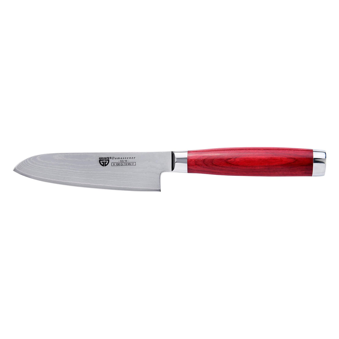 GRÄWE Damastmesser aus Damaststahl, gross, 12,5 cm Klinge, scharf, Damaszener Santokumesser mit Holz