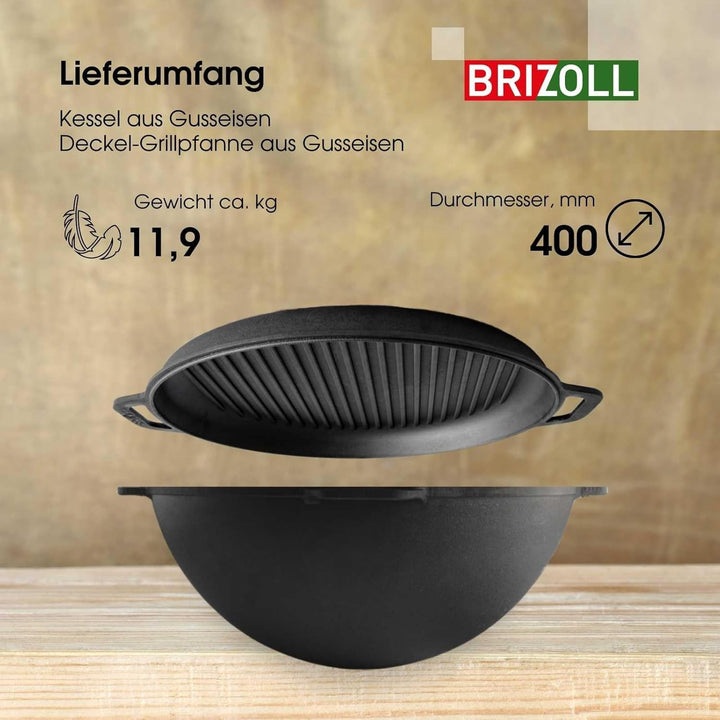 12L Gusseisen Schwenktopf Kazan Asia Kasan mit Deckel-Grillpfanne aus Gusseisen Grillwok Wokpfanne G
