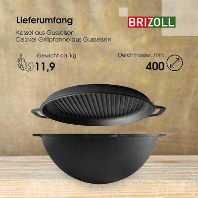 12L Gusseisen Schwenktopf Kazan Asia Kasan mit Deckel-Grillpfanne aus Gusseisen Grillwok Wokpfanne G