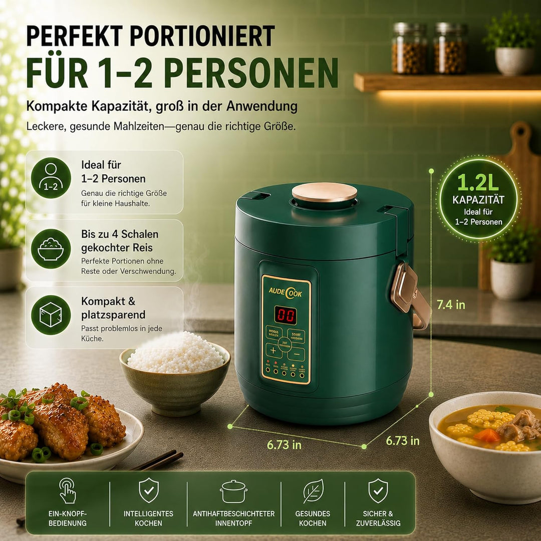 Audecook Reiskocher klein 1.2 L mit Low Sugar Funktion Für 1-2 Personen Multikocher mit 7 Programme