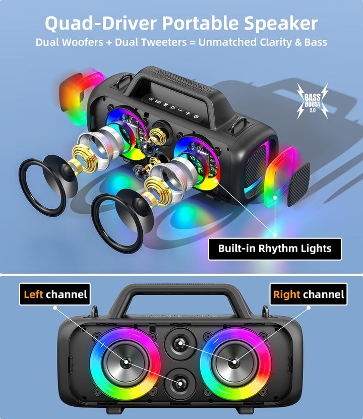 Portable Bluetooth Speaker Wireless,140W Peak Loud Sound with 2 Subwoofers & Bass Boost, IP65 Waterp