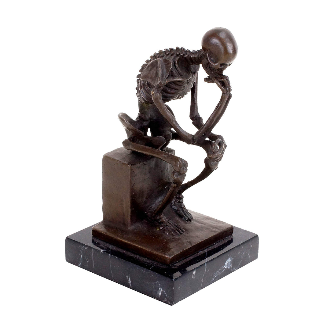 Kunst & Ambiente - Moderne Bronzefigur - Bronze Skelett Skulptur auf Marmor - Der Denker - signiert