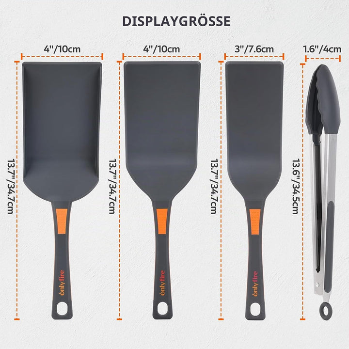 Onlyfire 4 Grillbesteck Set, Plancha Spachtel Set Enthält 2 Grillspachtel, Grillschaufel und Grillza