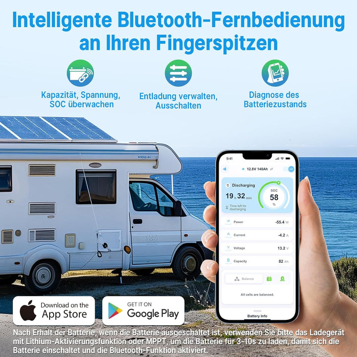 Redodo 12V 140Ah H190 Bluetooth Untersitz-LiFePO4 Batterie mit 12V 10A Lifepo4 Batterieladegerät, 17