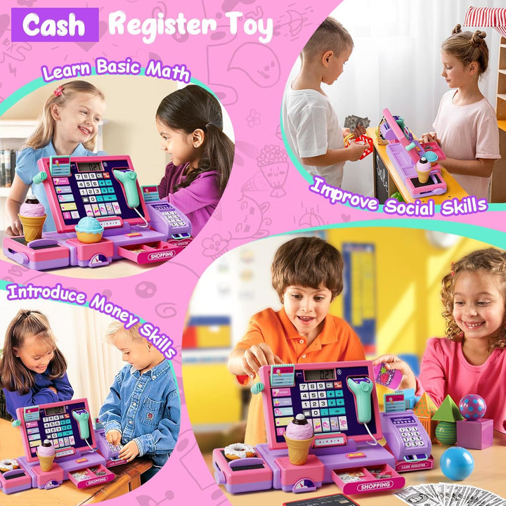 Kinderkasse Registrierkasse Spielzeug Lernspielzeug Set mit Scanner & Musik Funktion (Rosa Lila) Lil