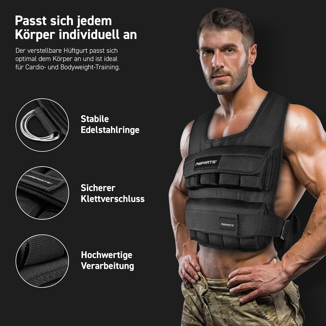 MSPORTS Gewichtsweste Premium Verstellbar von 5 kg - 30 kg Gewicht für Training Krafttraining 15 kg