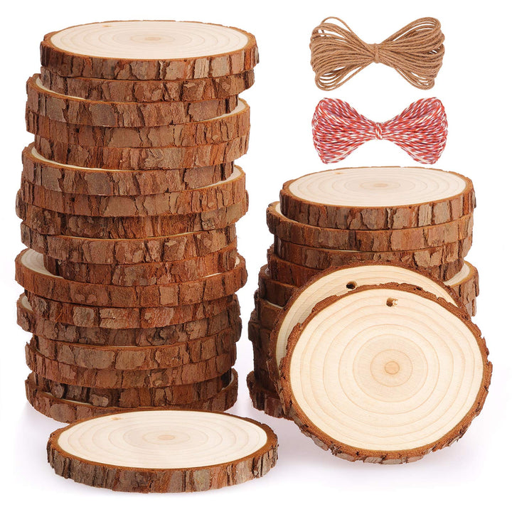 Fuyit Holzscheiben 30 Stücke Holz Log Scheiben 7-8cm mit Loch Unvollendete Holzkreise für DIY Handwe