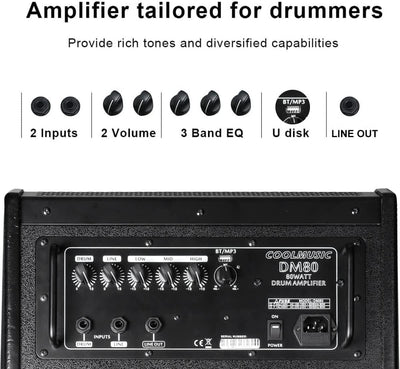 Coolmusic DM80 AMP 80 Watt Elektronischer Schlagzeugverstärker Keyboard-Verstärker mit Aux In und Bl